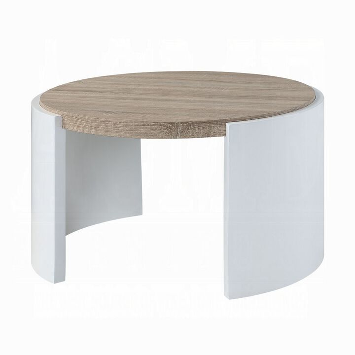 Romani Coffee Table, White High Gloss Wood, Brown Top, Round 33 Inch - Benzara
