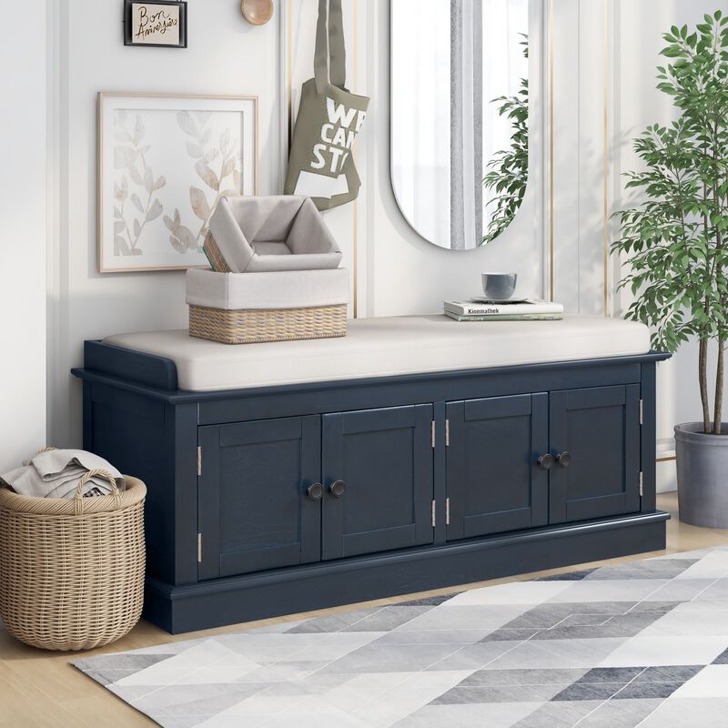 Storage Bench With 4 Doors And Adjustable Shelves, Shoe Bench With Removable Cushion