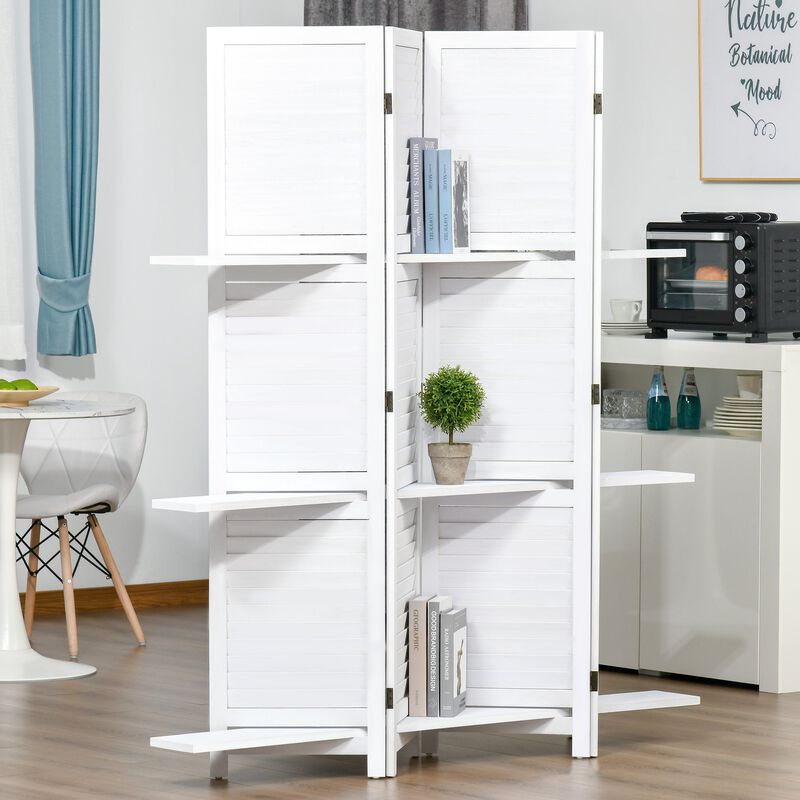 White Room Divider: 67" 4-Panel Portable Screen with Display Shelves