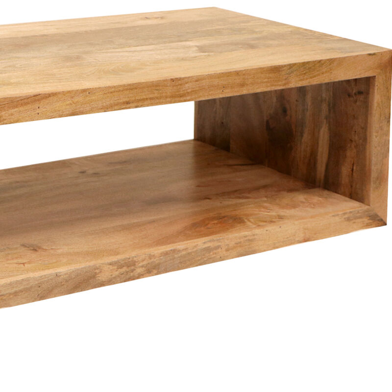 Keli 58 Inch Mango Wood Coffee Table, Open Cube, 1 Shelf, Natural Brown-Benzara