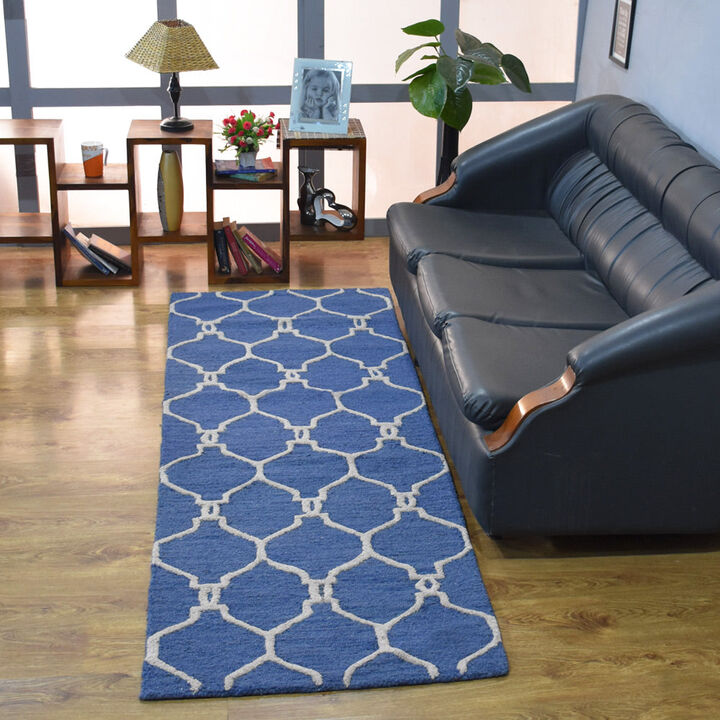 RUGSOTIC CARPETS HAND TUFTED WOOL ECO-FRIENDLY AREA RUGS  - 2'6"x8', Runner Shape, Blue & Beige, Geometric Modern Design, High Pile Handmade Anti Skid Area Rugs for Living Room, Bed Room (K01004)