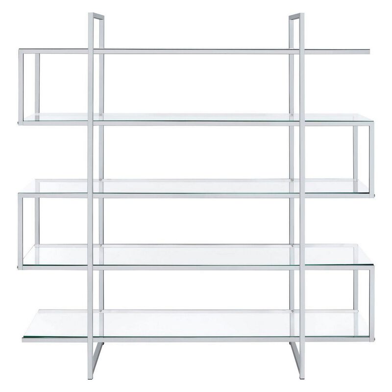 Bookcase with 5 Tempered Glass Shelves and Electroplated Frame, Chrome-Benzara