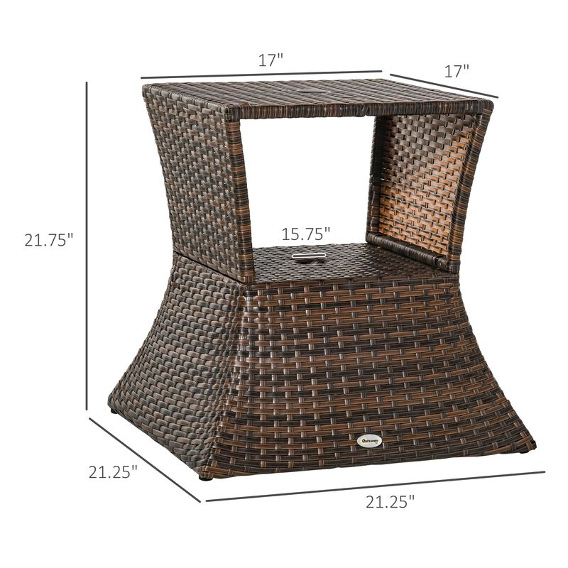Mixed Brown Garden Table: 2-Tier Rattan Wicker Side Table with Umbrella Hole