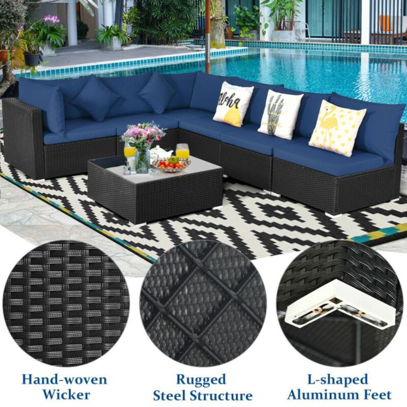 Hivvago 7 Pieces Sectional Wicker Furniture Sofa Set with Tempered Glass Top Coffee Table
