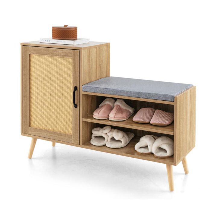 Hivvago 2-in-1 Rattan Shoe Cabinet with Bench Shoe Storage Bench with Washable Cushion