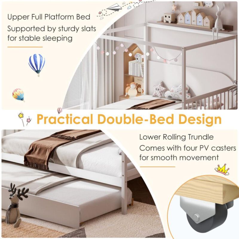 Hivvago Full Size Canopy Bed Frame with Trundle and Headboard for Kids