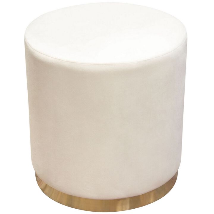 Himo 19 Inch Round Padded Ottoman, Gold Metal Base, Cream Velvet Upholstery - Benzara