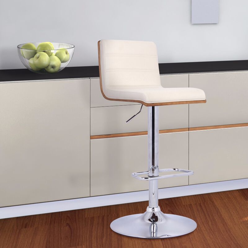 Wooden Support Faux Leather Barstool with Pedestal Base, Cream and Chrome-Benzara