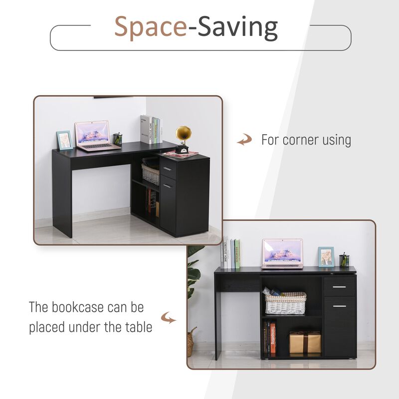 Black L-Shaped Desk: Corner Workstation, Rotating Shelves, Drawer