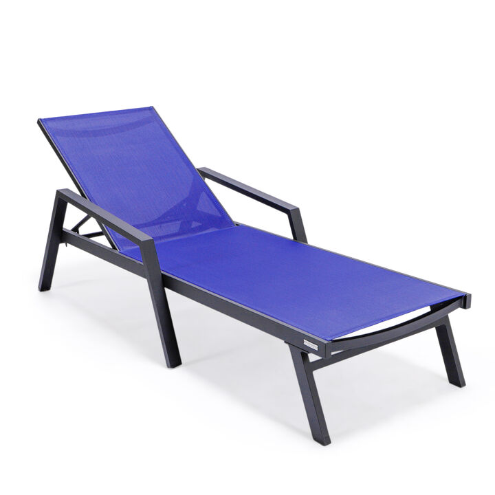 LeisureMod Marlin Patio Chaise Lounge Chair with Armrests – Black Aluminum Frame & Navy Blue Mesh for Outdoor Comfort