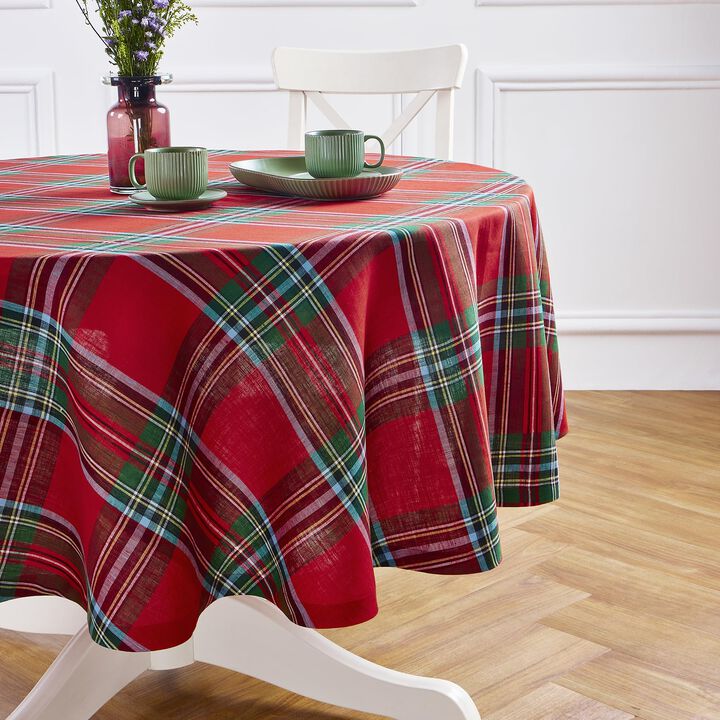 Solino Home 100% Pure Linen Round Tablecloth |Madras Holiday Plaid