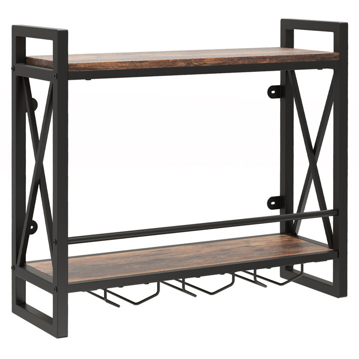 Wall Mounted Wine Rack with 2-Tier Shelves and 3 Glass Holders