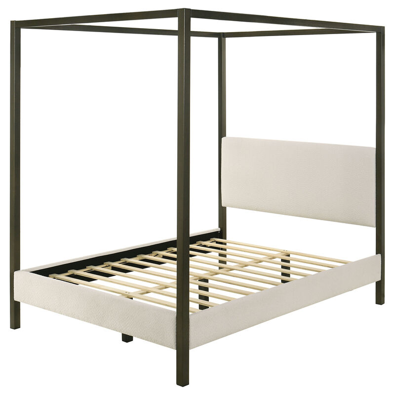 Rey King Size Canopy Bed, Padded Headboard, 4 Post Frame, Ivory Upholstery - Benzara