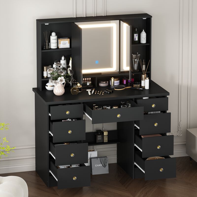 FUFU&GAGA Black Makeup Vanity with LED Mirror, 6 Drawers and Storage Compartments (43.3" W x 53.9" H x 19.7" D), Elegant Black