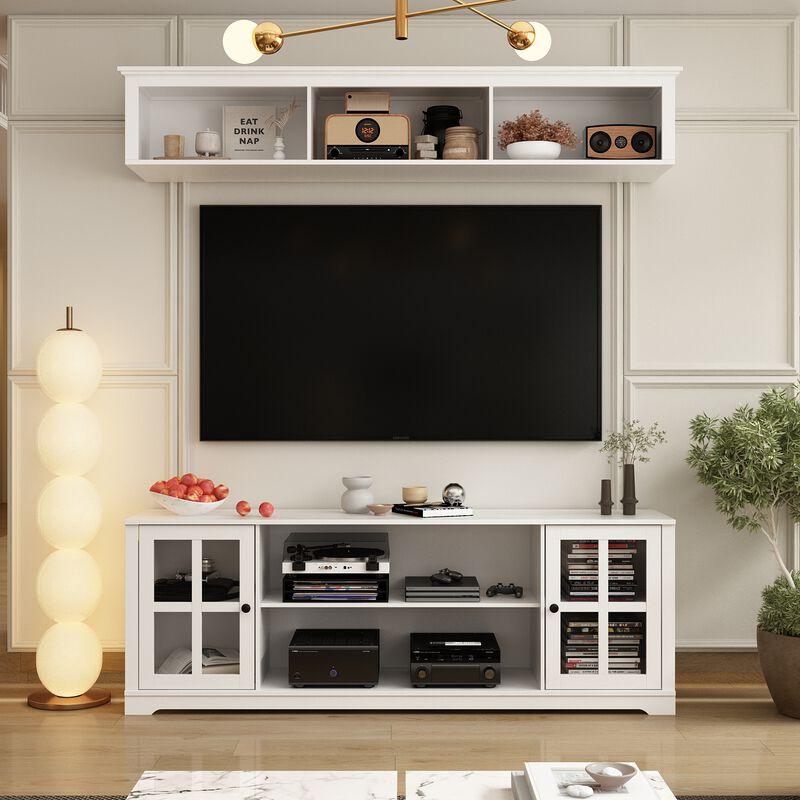 White Wooden TV Stand Fits TV's up to 75 in. with Open Shelves and Tempered Glass Door Cabinet
