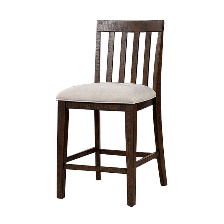 Shaw 25 Inch, Counter Height Chair, Slatted Back, Beige Seat, Brown Wood-Benzara