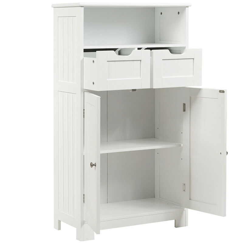 Costway Bathroom Floor Cabinet Wooden Storage Organizer Side Cabinet W/2 Drawer 2 Doors