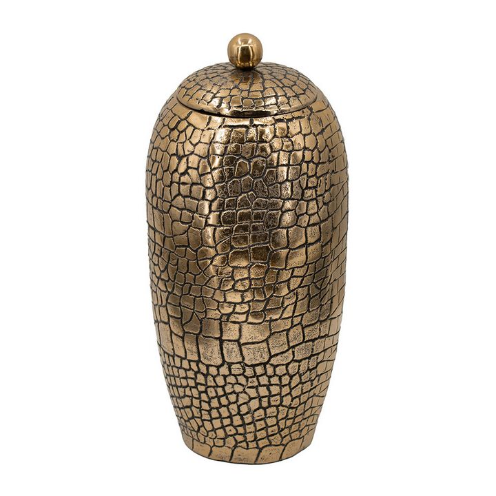 15 Inch Aluminum Urn, Lidded Top, Hammered Texture, Antique Gold Finish - Benzara