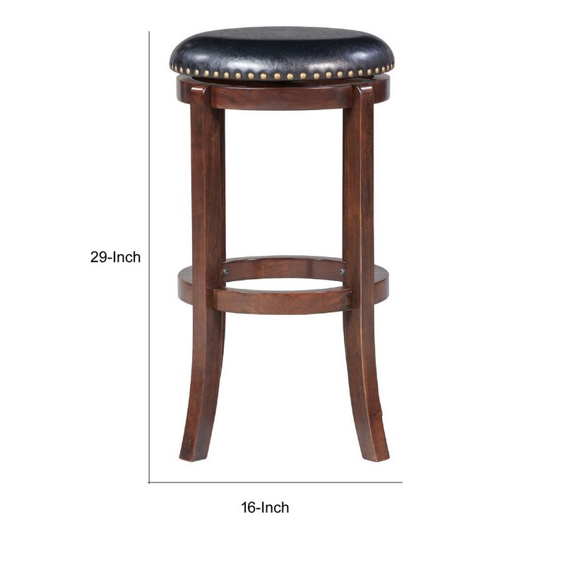 Ovi 29 Inch Swivel Bar Stool, Nailhead Trim, Walnut Brown, Faux Leather-Benzara