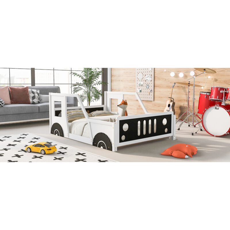 Full Size Classic Car-Shaped Platform Bed With Wheels, White