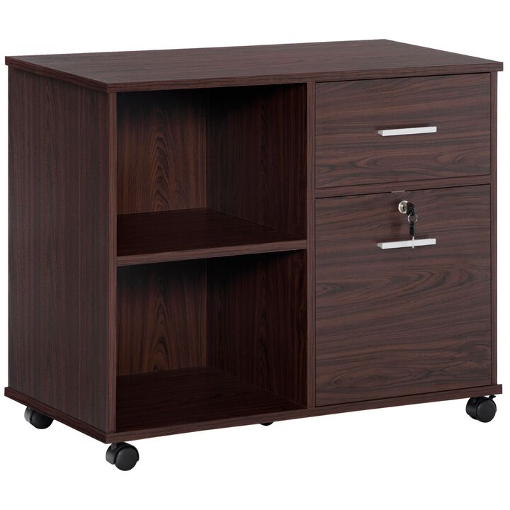 Walnut Mobile Storage: Lateral File Cabinet with Wheels & Open Shelves