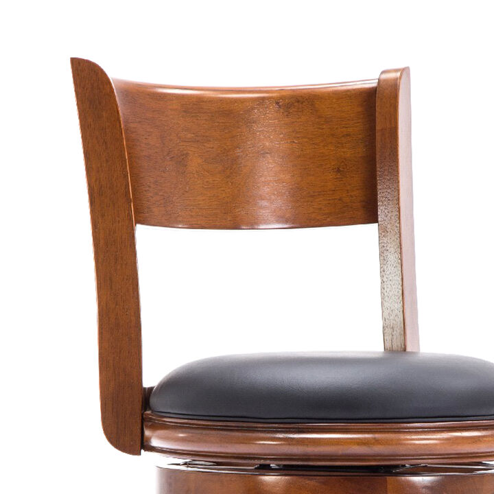 Pal 29 Inch Swivel Bar Stool, Solid Wood, Bonded Leather, Walnut Brown-Benzara