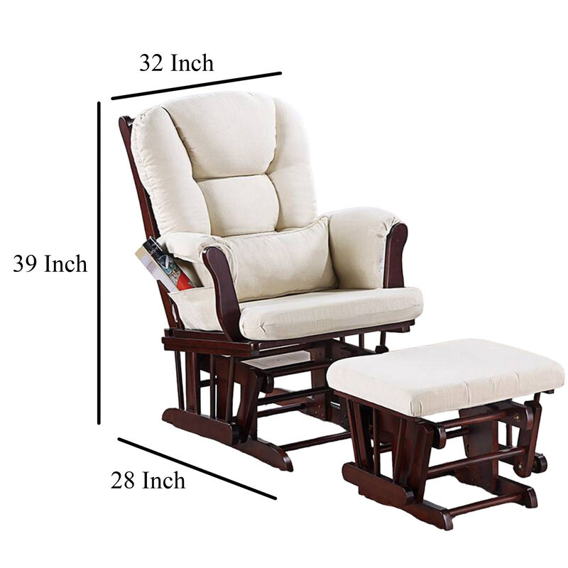 Noni Glider Manual Recliner Chair w Ottoman, Brown Wood, Square Beige - Benzara