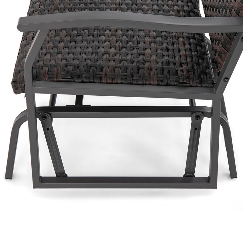 4 Piece Patio Gliding Set Wicker Swing Glider Furniture Set All Weather witrh Tempered Glass Coffee Table-Brown