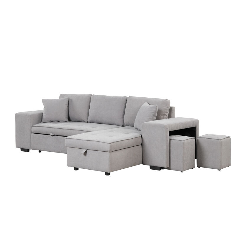 3-Seat Sleeper Sofa Sectional with Storage Chaise & Stools