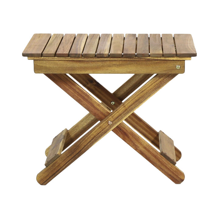 Kyre Outdoor Side Table, Foldable Slatted 23 Inch, Brown Acacia Wood - Benzara