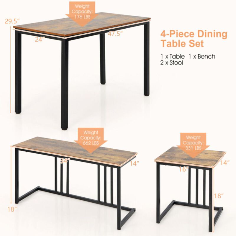 Hivvago 4 Pieces Industrial Dining Table Set with Bench and 2 Stools-Brown