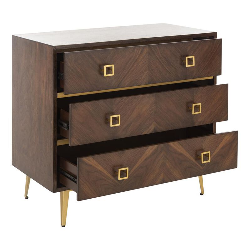 Safavieh Katia 3 Drawer Chest, Walnut Parquet/Gold