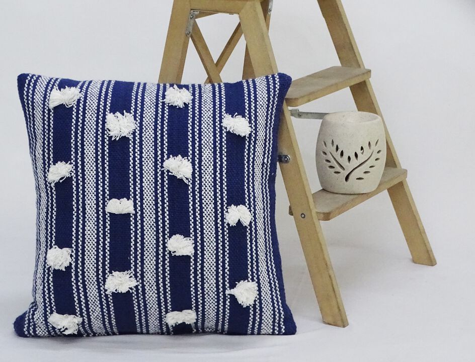 Blue 20" X 20" Decorative Throw Pillow with Pom Pom