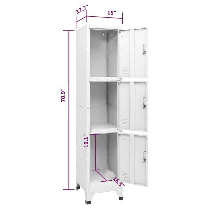 Nova Tall Locker Cabinet, 71 Inch, 3 Compartments, White, Steel Metal - Benzara