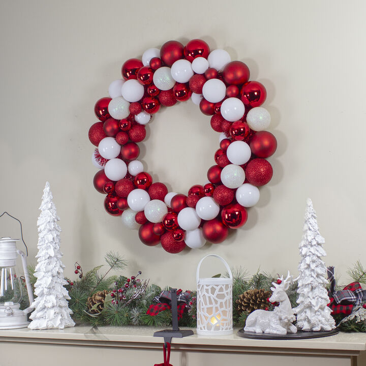 White and Red 3-Finish Shatterproof Ball Christmas Wreath - 24-Inch  Unlit