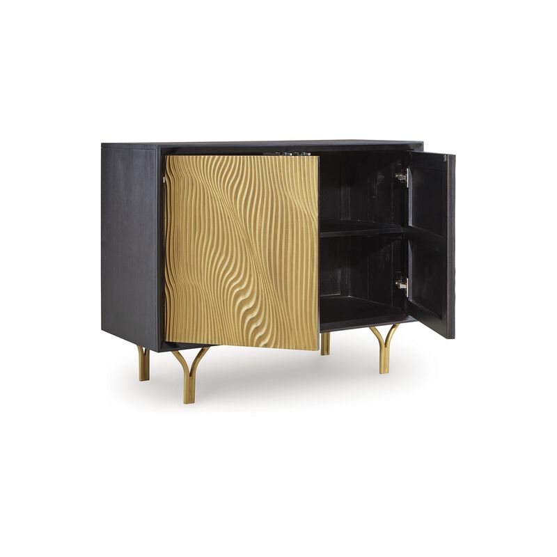 Yien Sideboard Console, 2 Carved Doors, Gold Legs, Black Wood 40 Inch - Benzara