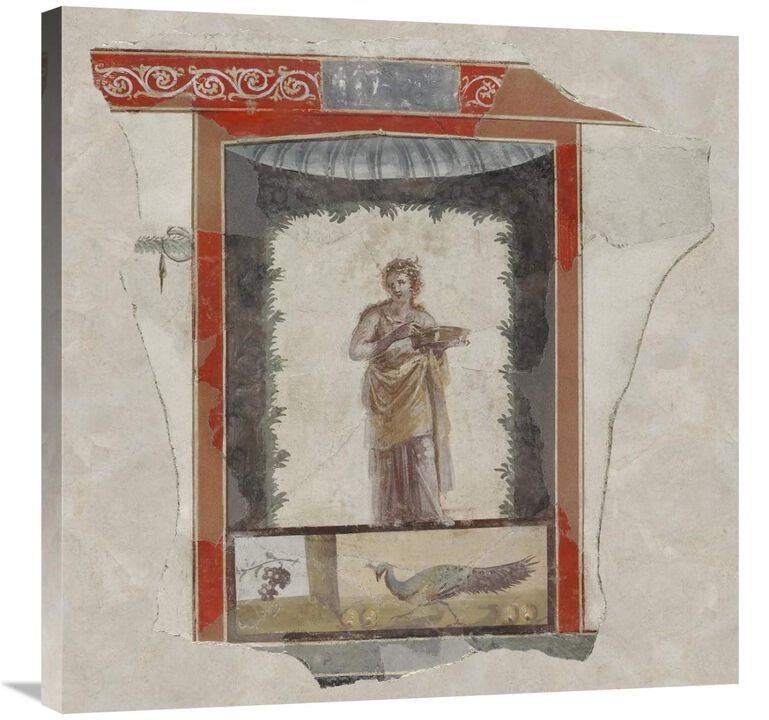 Fresco Depicting a Woman (Maenad) Holding a Dish, Peacock and Fruit Below-Canvas Art-30x30