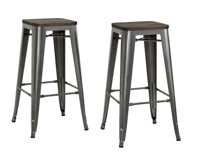 Atwater Living Zeno 30" Bar Stool with Wood Seat, Antique Gun Metal, Set of 2