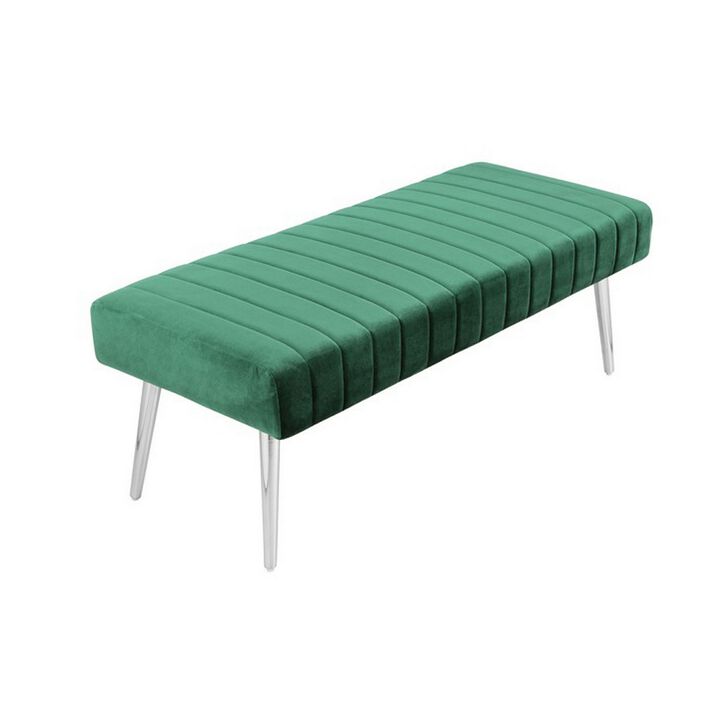 Lida 45 Inch Bench, Modern Tufted Lines, Green Soft Velvet, Chrome Metal - Benzara