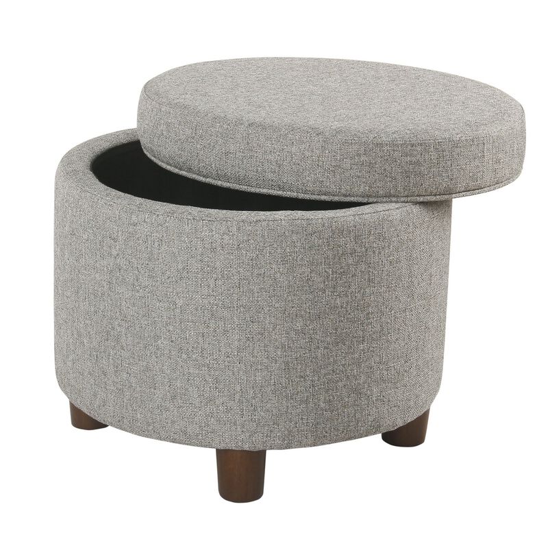 Fabric Upholstered Round Wooden Ottoman with Lift Off Lid Storage, Light Gray - Benzara
