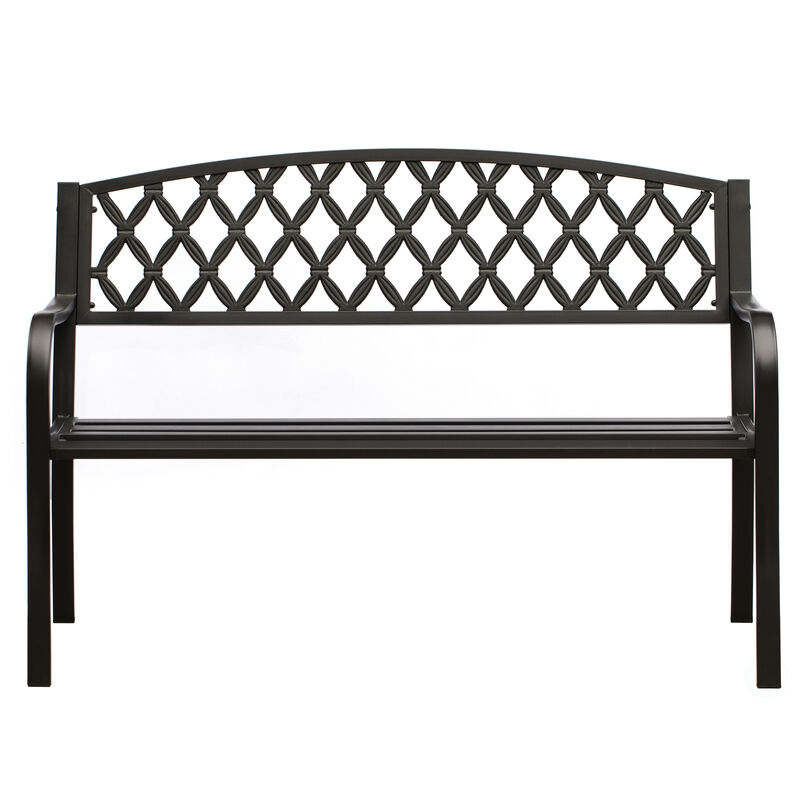 Gardenised Black Outdoor Garden Patio Steel Park Bench Lawn Decor with Cast Iron Back Seating bench, with Backrest and Armrest for Yard, Patio, Garden, Balcony, and Deck
