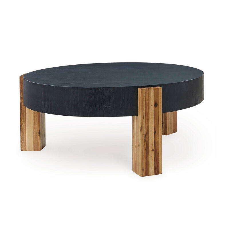 Moy 2pc Coffee and End Table Set, Round Black Textured Top, Solid Wood - Benzara