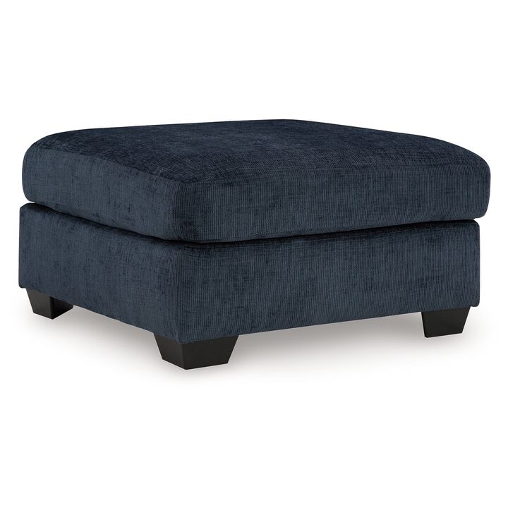 Avie Oversized Ottoman, Faux Wood Details, Navy Blue Polyester 38 Inch - Benzara