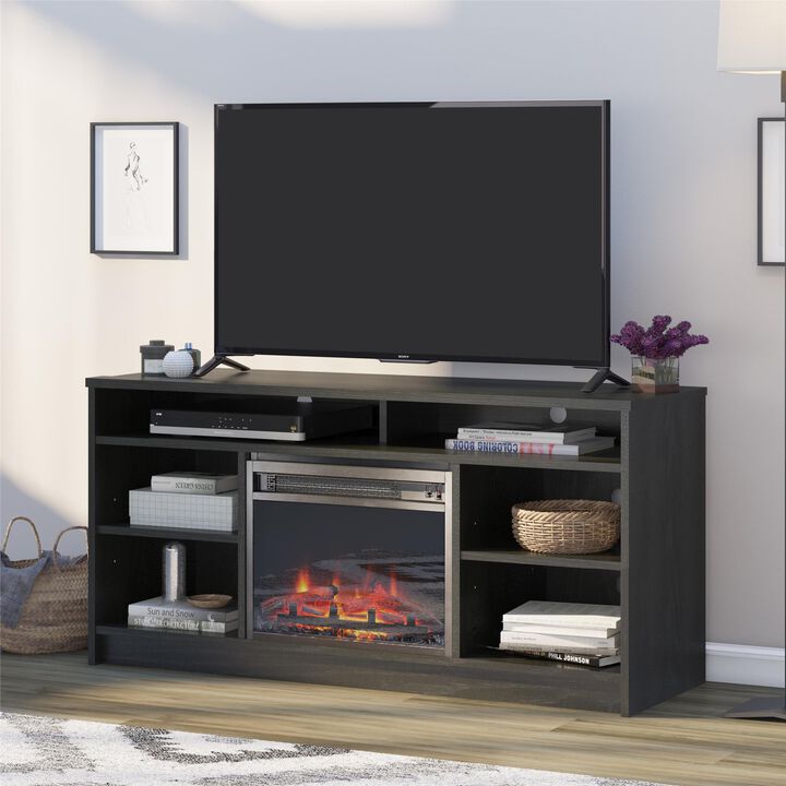 REALROOMS Hickory Hill 55" TV Stand with Electric Fireplace Space Heater and 6 Shelves
