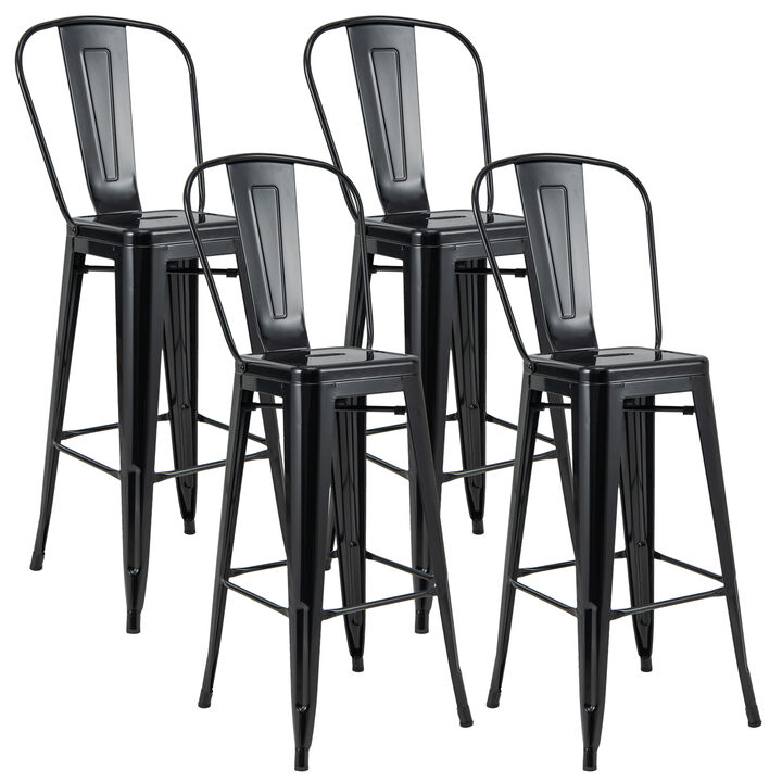 Set of 4 High Back Industrial Bar Stools for Kitchen or Home Bar