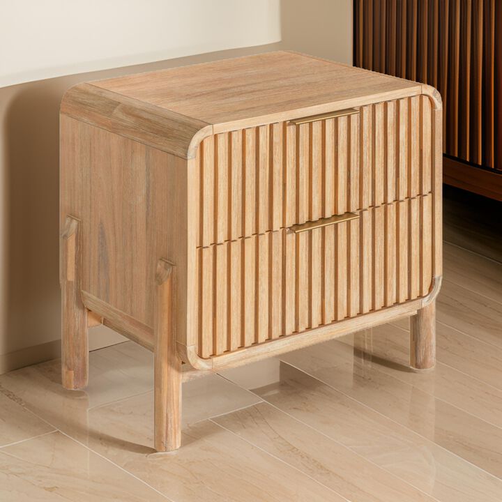 Cid Tori 24 Inch Nightstand, 2 Fluted Drawers, Gold Metal Handles, Brown - Benzara