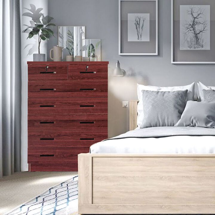 7 Drawer Chest Wooden Dresser with Lock (Mahogany)