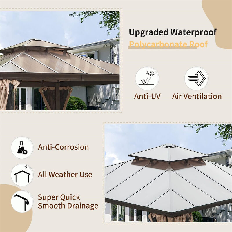 12'x12' Hardtop Gazebo with Polycarbonate Roof & Curtains