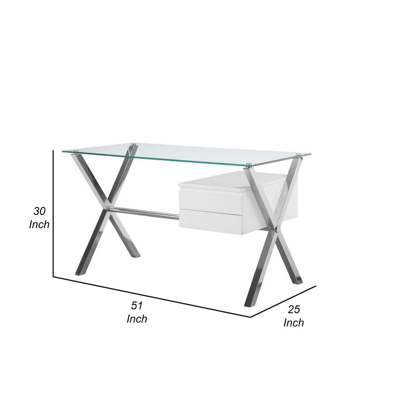 Tia 51 Inch Small Office Desk, Glass Tempered Top, 2 Drawers, White Finish - Benzara