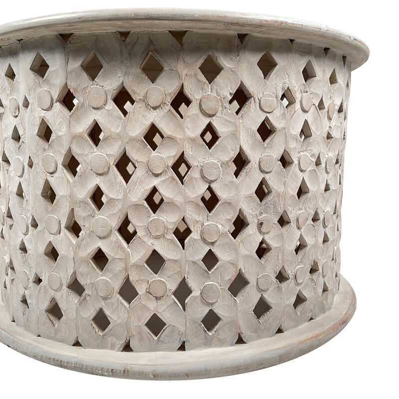 28 Inch Artisanal Round Mango Wood Coffee Table, Intricate Diamond Lattice Cut Out Frame, Washed White-Benzara